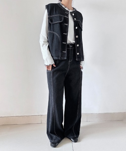 ONEP STAR(ワンピスター)の「デニムノースリーブトップス×ワイドパンツセットアップ(セットアップ・レディース・ブラック・MEDIUM/X-LARGE/LARGE)」の3枚目の写真
