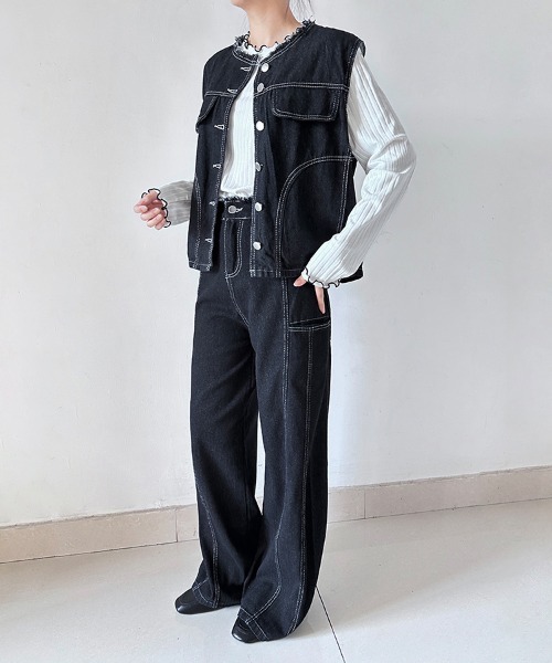 ONEP STAR(ワンピスター)の「デニムノースリーブトップス×ワイドパンツセットアップ(セットアップ・レディース・ブラック・MEDIUM/X-LARGE/LARGE)」の4枚目の写真