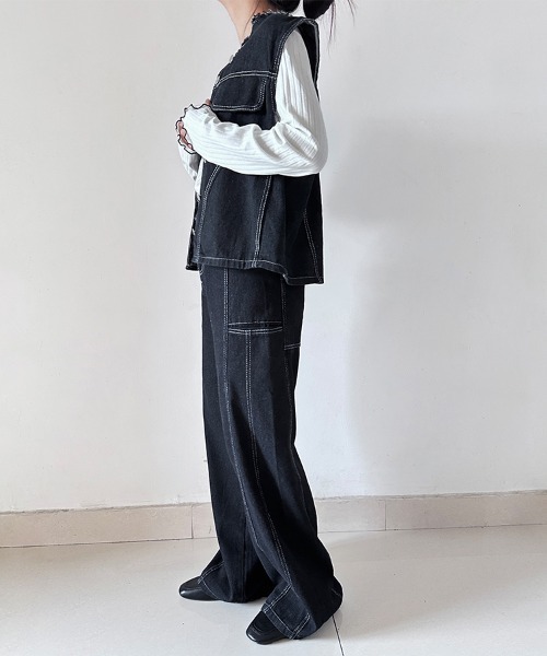 ONEP STAR(ワンピスター)の「デニムノースリーブトップス×ワイドパンツセットアップ(セットアップ・レディース・ブラック・MEDIUM/X-LARGE/LARGE)」の5枚目の写真
