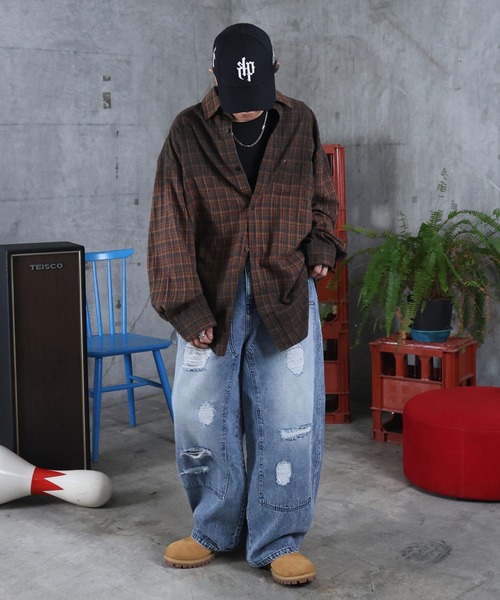 ILL'S（イルズ）の「AW グラデーション チェック 長袖シャツ メンズ レディース ユニセックス 【ILL'S】（シャツ/ブラウス・メンズ・レッド/グレー・M/L）」の8枚目の写真