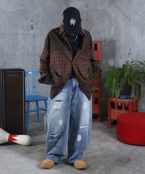 ILL'S（イルズ）の「AW グラデーション チェック 長袖シャツ メンズ レディース ユニセックス 【ILL'S】（シャツ/ブラウス・メンズ・レッド/グレー・M/L）」の7枚目の写真