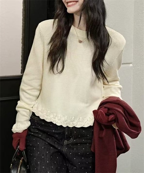 FREE STYLISTS(フリー スタイリスト)の「袖裾配色編みニットプルオーバー(ニット/セーター・レディース・アイボリー/ブラック/グレー/ワインレッド・FREE)」の1枚目の写真