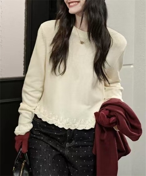 FREE STYLISTS(フリー スタイリスト)の「袖裾配色編みニットプルオーバー(ニット/セーター・レディース・アイボリー/ブラック/グレー/ワインレッド・FREE)」の5枚目の写真