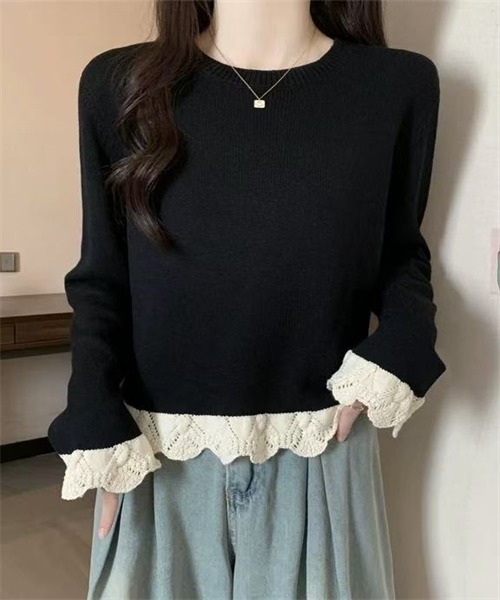 FREE STYLISTS(フリー スタイリスト)の「袖裾配色編みニットプルオーバー(ニット/セーター・レディース・アイボリー/ブラック/グレー/ワインレッド・FREE)」の9枚目の写真