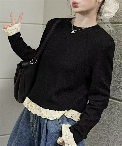 FREE STYLISTS(フリー スタイリスト)の「袖裾配色編みニットプルオーバー(ニット/セーター・レディース・アイボリー/ブラック/グレー/ワインレッド・FREE)」の14枚目の写真