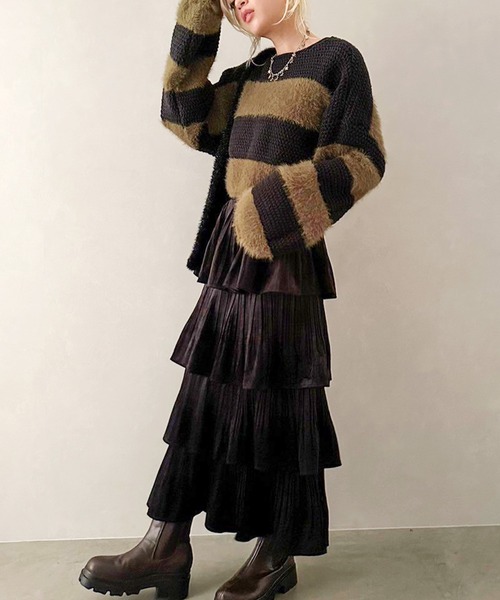 SpRay(スプレイ)の「シャギーボーダークロップドニット(ニット/セーター・レディース・カーキ/ブラウン/ホワイト×ブラック/ブラック×グレー/ホワイト×ネイビー・FREE)」の20枚目の写真