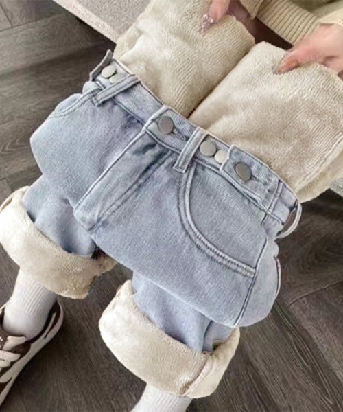 Miniministore(ミニミニストア)の「裏起毛デニムパンツウエスト調節ボタン付き(デニムパンツ・レディース・サックスブルー/インディゴブルー/チャコールグレー・L/XL/M)」の4枚目の写真
