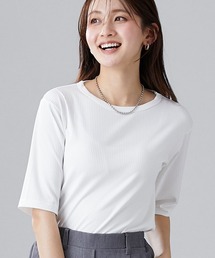 slattgir | 高身長 細リブクルーネック5分袖カットソートップス(トールサイズ)(Tシャツ/カットソー)
