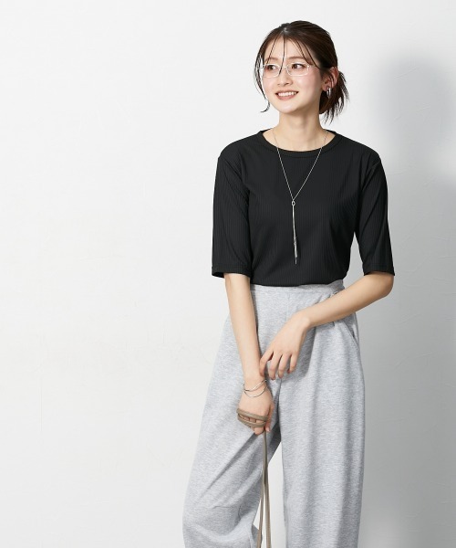 slattgir（スラットジール）の「高身長　細リブクルーネック5分袖カットソートップス（トールサイズ）（Tシャツ/カットソー・レディース・ブラック/オフホワイト/ライトグレー/ブラウン・TM/TL/TLL/T3L/T5L/T4L）」の13枚目の写真