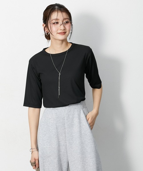 slattgir（スラットジール）の「高身長　細リブクルーネック5分袖カットソートップス（トールサイズ）（Tシャツ/カットソー・レディース・ブラック/オフホワイト/ライトグレー/ブラウン・TM/TL/TLL/T3L/T5L/T4L）」の14枚目の写真