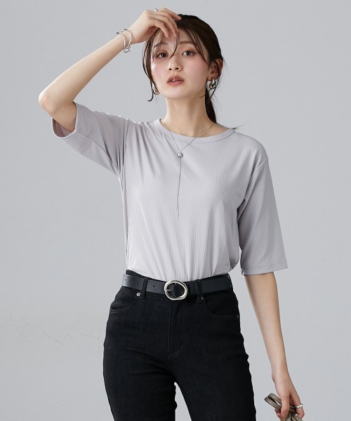 slattgir（スラットジール）の「高身長　細リブクルーネック5分袖カットソートップス（トールサイズ）（Tシャツ/カットソー・レディース・ブラック/オフホワイト/ライトグレー/ブラウン・TM/TL/TLL/T3L/T5L/T4L）」の12枚目の写真