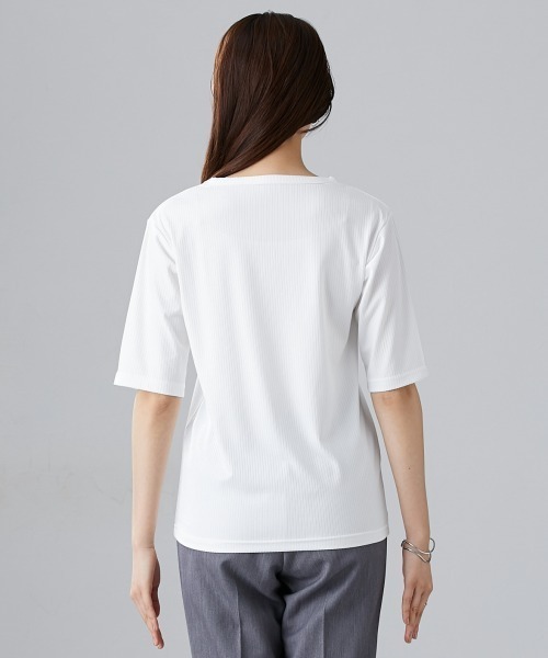 slattgir（スラットジール）の「高身長　細リブクルーネック5分袖カットソートップス（トールサイズ）（Tシャツ/カットソー・レディース・ブラック/オフホワイト/ライトグレー/ブラウン・TM/TL/TLL/T3L/T5L/T4L）」の6枚目の写真