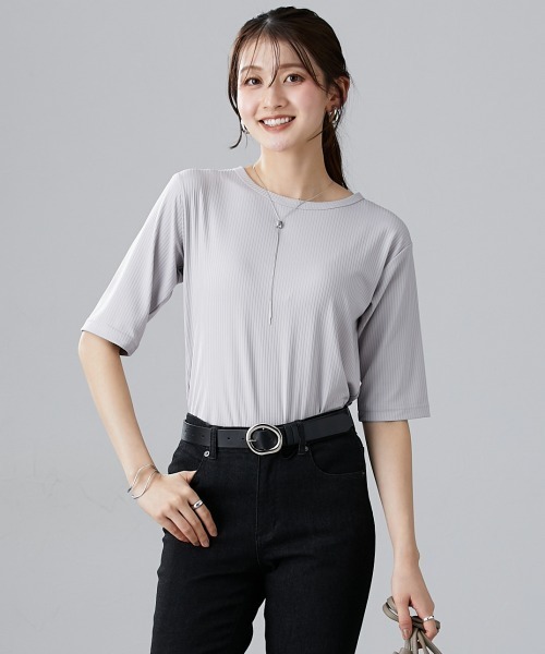 slattgir（スラットジール）の「高身長　細リブクルーネック5分袖カットソートップス（トールサイズ）（Tシャツ/カットソー・レディース・ブラック/オフホワイト/ライトグレー/ブラウン・TM/TL/TLL/T3L/T5L/T4L）」の17枚目の写真