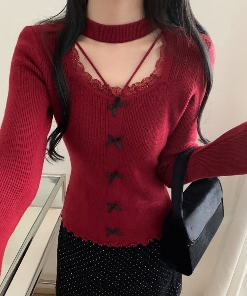 Sibra(シブラ)の「チョーカーネック レースデコルテ フロントリボントップス(Tシャツ/カットソー・レディース・ブラック/アイボリー/グレー/レッド・M)」の4枚目の写真
