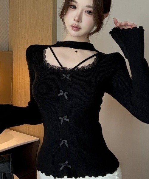 Sibra(シブラ)の「チョーカーネック レースデコルテ フロントリボントップス(Tシャツ/カットソー・レディース・ブラック/アイボリー/グレー/レッド・M)」の11枚目の写真