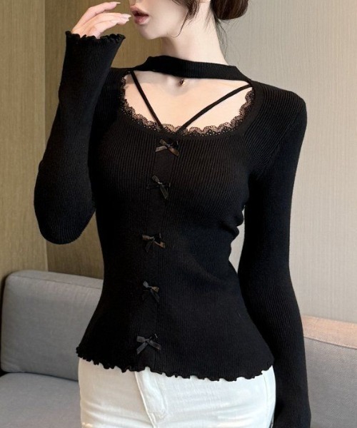 Sibra(シブラ)の「チョーカーネック レースデコルテ フロントリボントップス(Tシャツ/カットソー・レディース・ブラック/アイボリー/グレー/レッド・M)」の12枚目の写真