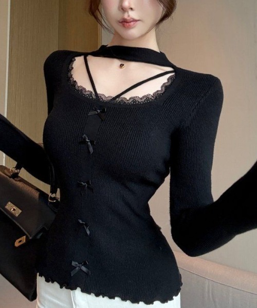 Sibra(シブラ)の「チョーカーネック レースデコルテ フロントリボントップス(Tシャツ/カットソー・レディース・ブラック/アイボリー/グレー/レッド・M)」の15枚目の写真