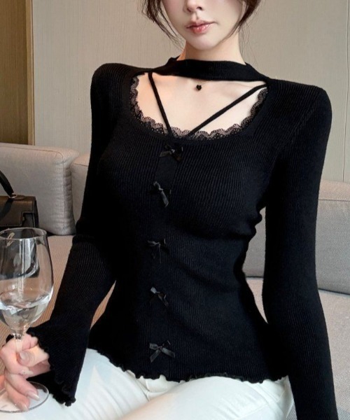 Sibra(シブラ)の「チョーカーネック レースデコルテ フロントリボントップス(Tシャツ/カットソー・レディース・ブラック/アイボリー/グレー/レッド・M)」の16枚目の写真