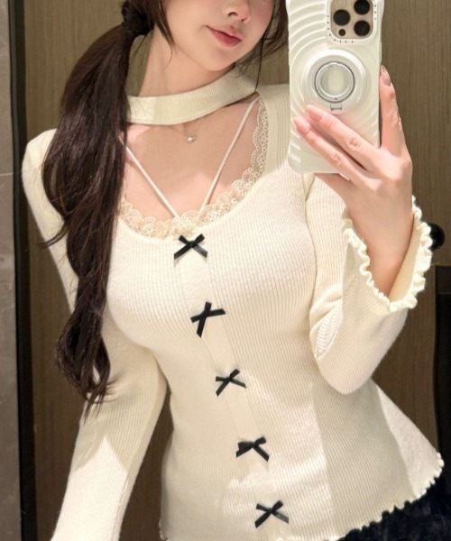 Sibra(シブラ)の「チョーカーネック レースデコルテ フロントリボントップス(Tシャツ/カットソー・レディース・ブラック/アイボリー/グレー/レッド・M)」の6枚目の写真