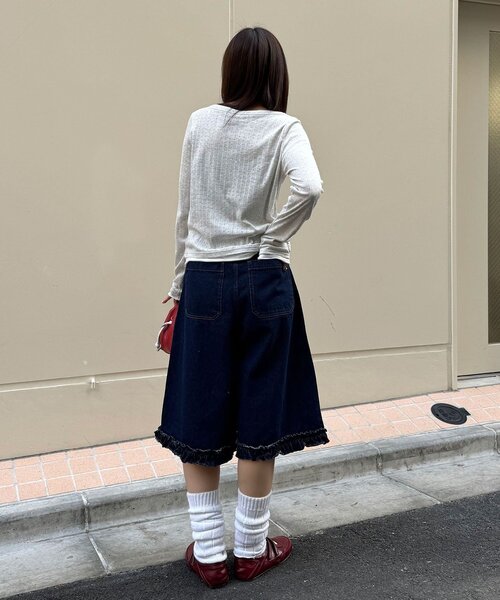 CIAOPANIC(チャオパニック)の「【無地/花柄】裾フリルデニムハーフパンツ(デニムパンツ・レディース・インディゴブルー/ブルー/サックスブルー/カーキ・ONE SIZE)」の12枚目の写真