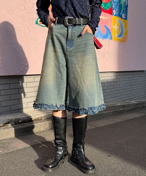 CIAOPANIC(チャオパニック)の「【無地/花柄】裾フリルデニムハーフパンツ(デニムパンツ・レディース・インディゴブルー/ブルー/サックスブルー/カーキ・ONE SIZE)」の11枚目の写真