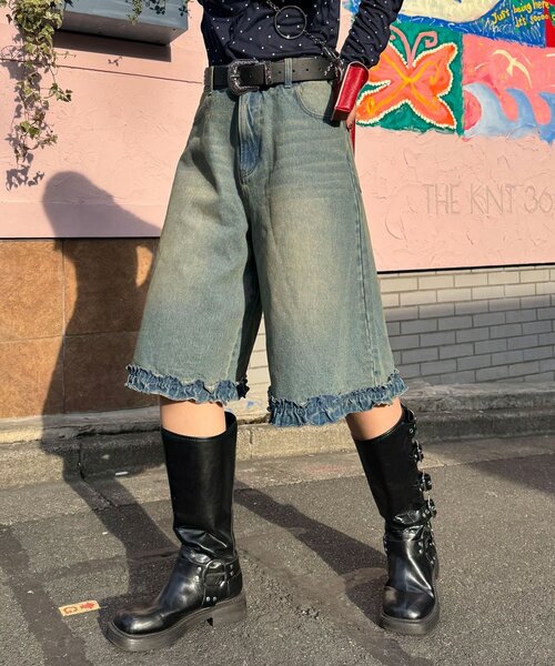 CIAOPANIC(チャオパニック)の「【無地/花柄】裾フリルデニムハーフパンツ(デニムパンツ・レディース・インディゴブルー/ブルー/サックスブルー/カーキ・ONE SIZE)」の10枚目の写真