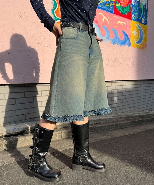 CIAOPANIC(チャオパニック)の「【無地/花柄】裾フリルデニムハーフパンツ(デニムパンツ・レディース・インディゴブルー/ブルー/サックスブルー/カーキ・ONE SIZE)」の9枚目の写真