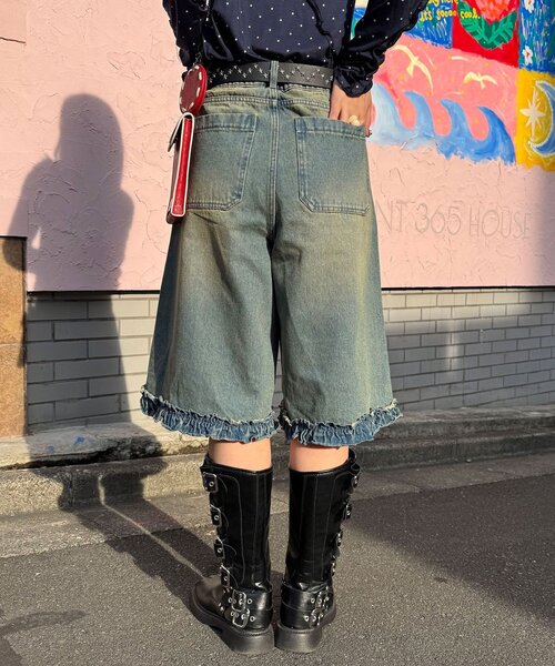 CIAOPANIC(チャオパニック)の「【無地/花柄】裾フリルデニムハーフパンツ(デニムパンツ・レディース・インディゴブルー/ブルー/サックスブルー/カーキ・ONE SIZE)」の8枚目の写真