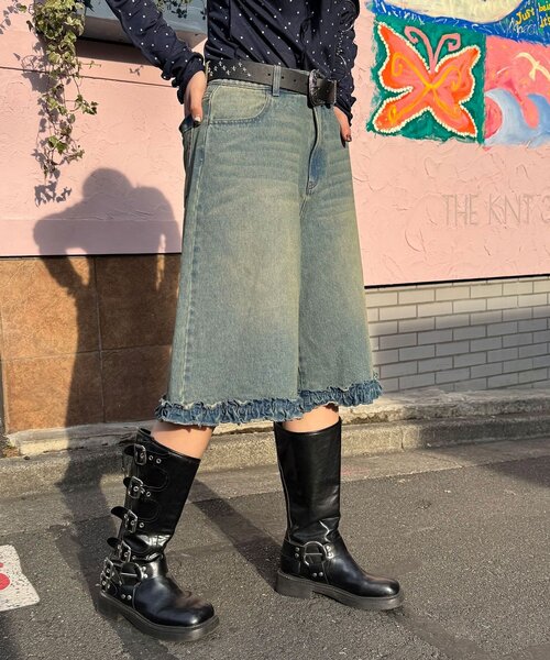 CIAOPANIC(チャオパニック)の「【無地/花柄】裾フリルデニムハーフパンツ(デニムパンツ・レディース・インディゴブルー/ブルー/サックスブルー/カーキ・ONE SIZE)」の7枚目の写真