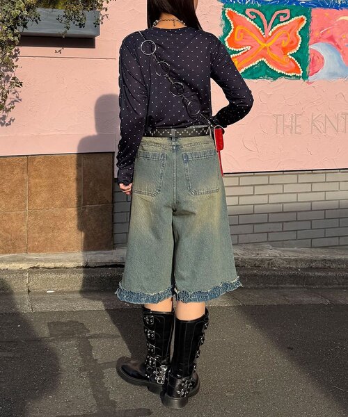 CIAOPANIC(チャオパニック)の「【無地/花柄】裾フリルデニムハーフパンツ(デニムパンツ・レディース・インディゴブルー/ブルー/サックスブルー/カーキ・ONE SIZE)」の5枚目の写真