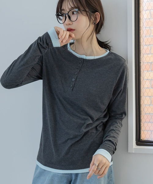 slattgir(スラットジール)の「高身長 配色ヘンリーネックプルオーバー(トールサイズ)Essenave(Tシャツ/カットソー・レディース・グレー/チャコールグレー・TM/TL/TLL/T3L)」の1枚目の写真
