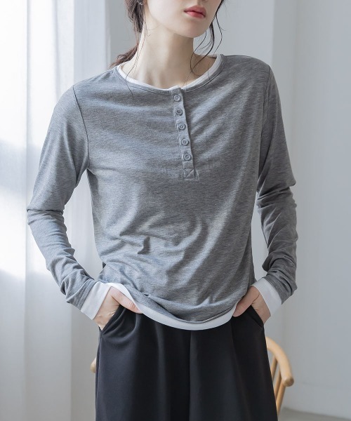 slattgir(スラットジール)の「高身長 配色ヘンリーネックプルオーバー(トールサイズ)Essenave(Tシャツ/カットソー・レディース・グレー/チャコールグレー・TM/TL/TLL/T3L)」の3枚目の写真
