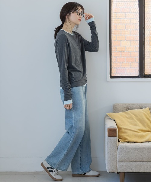 slattgir(スラットジール)の「高身長 配色ヘンリーネックプルオーバー(トールサイズ)Essenave(Tシャツ/カットソー・レディース・グレー/チャコールグレー・TM/TL/TLL/T3L)」の5枚目の写真