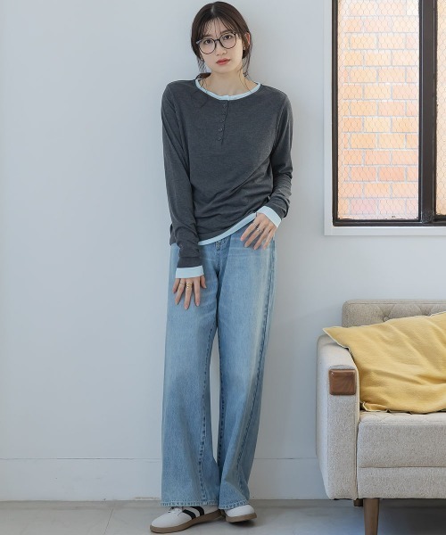 slattgir(スラットジール)の「高身長 配色ヘンリーネックプルオーバー(トールサイズ)Essenave(Tシャツ/カットソー・レディース・グレー/チャコールグレー・TM/TL/TLL/T3L)」の6枚目の写真