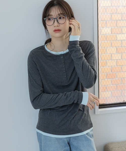 slattgir(スラットジール)の「高身長 配色ヘンリーネックプルオーバー(トールサイズ)Essenave(Tシャツ/カットソー・レディース・グレー/チャコールグレー・TM/TL/TLL/T3L)」の8枚目の写真