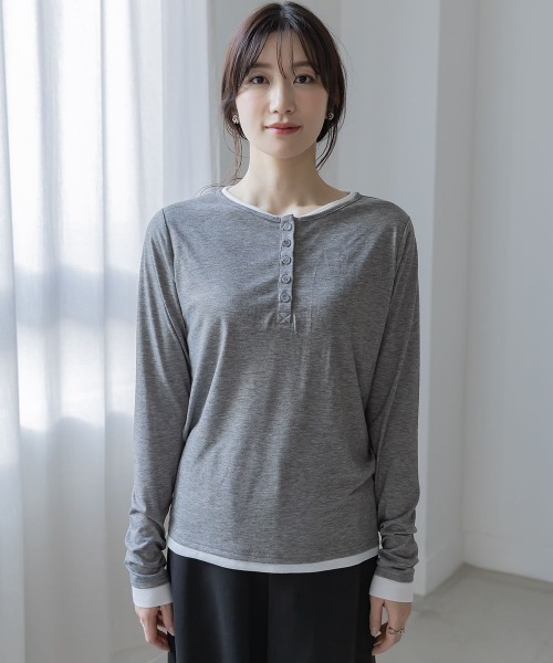 slattgir(スラットジール)の「高身長 配色ヘンリーネックプルオーバー(トールサイズ)Essenave(Tシャツ/カットソー・レディース・グレー/チャコールグレー・TM/TL/TLL/T3L)」の9枚目の写真