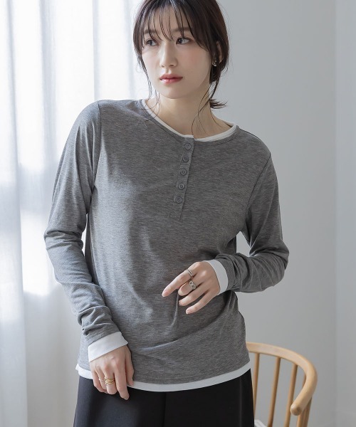 slattgir(スラットジール)の「高身長 配色ヘンリーネックプルオーバー(トールサイズ)Essenave(Tシャツ/カットソー・レディース・グレー/チャコールグレー・TM/TL/TLL/T3L)」の12枚目の写真