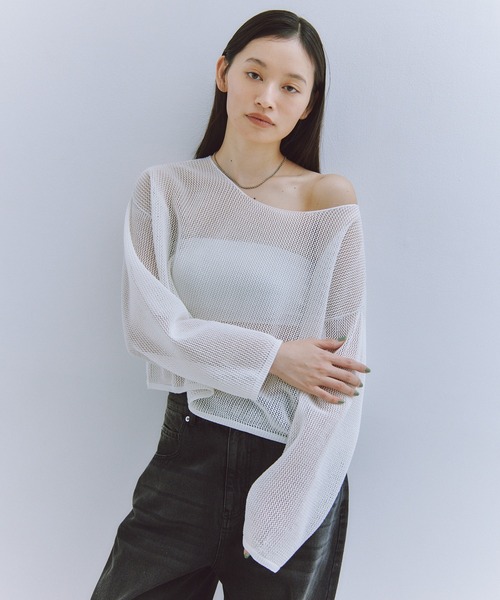 Obis＆（オビスアンド）の「シアークランチ メッシュニットトップス（Tシャツ/カットソー・レディース・ホワイト/ブラック・FREE）」の2枚目の写真