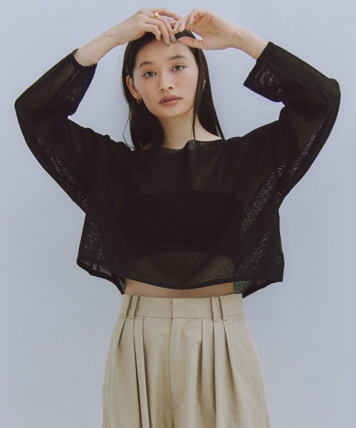 Obis＆（オビスアンド）の「シアークランチ メッシュニットトップス（Tシャツ/カットソー・レディース・ホワイト/ブラック・FREE）」の15枚目の写真