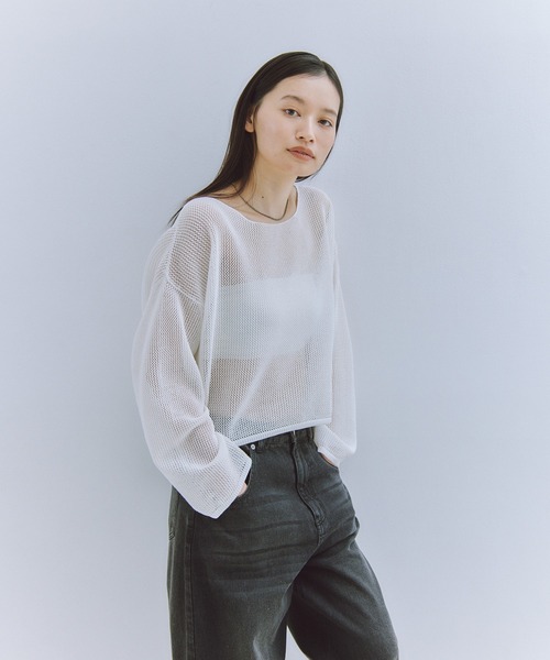 Obis＆（オビスアンド）の「シアークランチ メッシュニットトップス（Tシャツ/カットソー・レディース・ホワイト/ブラック・FREE）」の6枚目の写真
