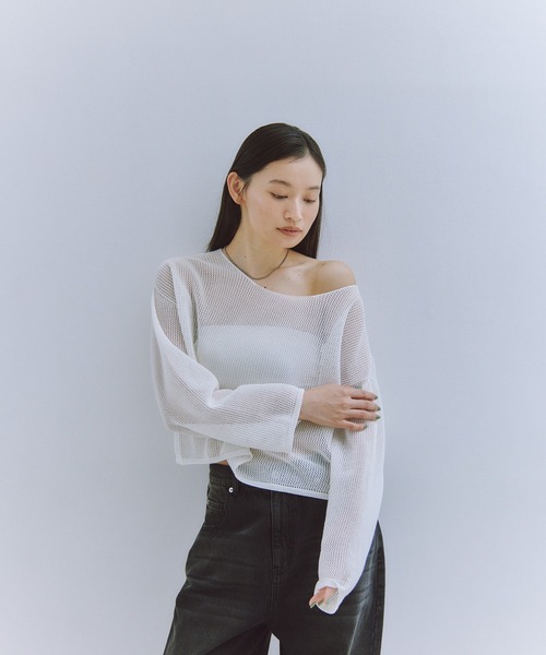 Obis＆（オビスアンド）の「シアークランチ メッシュニットトップス（Tシャツ/カットソー・レディース・ホワイト/ブラック・FREE）」の9枚目の写真
