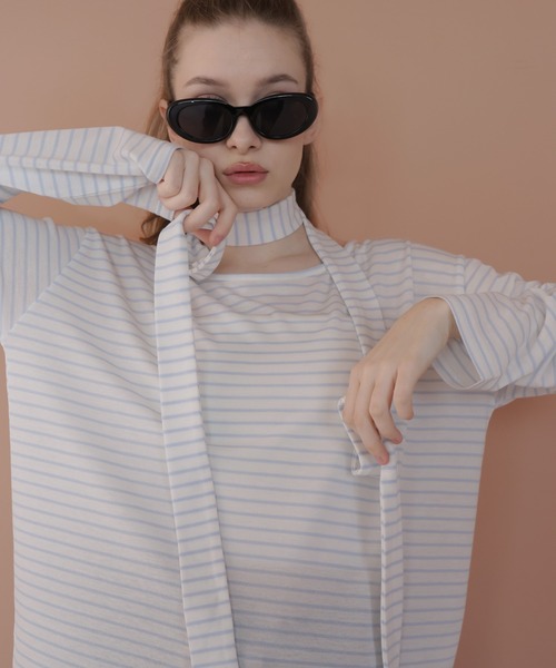 Mili affinity(ミリアフィニティー)の「チョーカースカーフ付きボーダートップス(Tシャツ/カットソー・レディース・ホワイト×ブラック/ホワイト×ブルー・FREE)」の1枚目の写真
