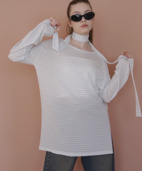 Mili affinity(ミリアフィニティー)の「チョーカースカーフ付きボーダートップス(Tシャツ/カットソー・レディース・ホワイト×ブラック/ホワイト×ブルー・FREE)」の13枚目の写真