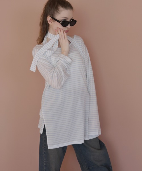 Mili affinity(ミリアフィニティー)の「チョーカースカーフ付きボーダートップス(Tシャツ/カットソー・レディース・ホワイト×ブラック/ホワイト×ブルー・FREE)」の16枚目の写真