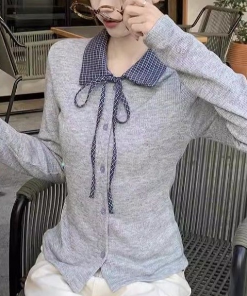 Beststore(ベストストア)の「チェックカラー襟付きリブニットカーディガン ボウタイ リボン(Tシャツ/カットソー・レディース・ダークグレー/ライトグレー・FREE)」の20枚目の写真