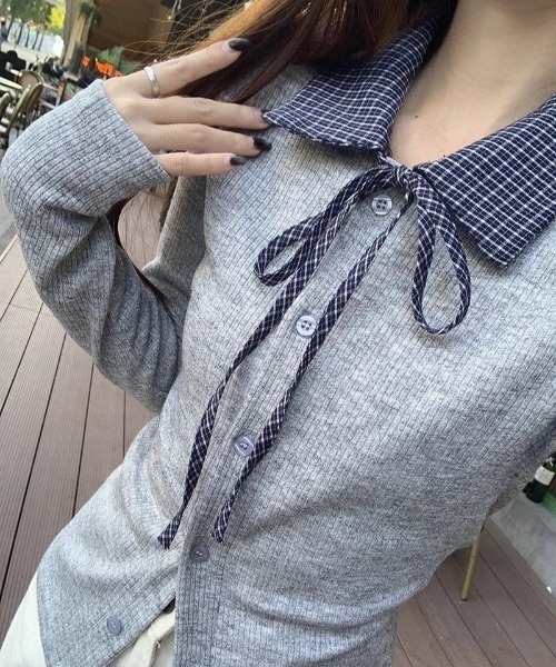 Beststore(ベストストア)の「チェックカラー襟付きリブニットカーディガン ボウタイ リボン(Tシャツ/カットソー・レディース・ダークグレー/ライトグレー・FREE)」の19枚目の写真