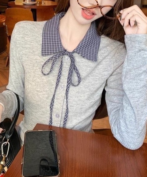 Beststore(ベストストア)の「チェックカラー襟付きリブニットカーディガン ボウタイ リボン(Tシャツ/カットソー・レディース・ダークグレー/ライトグレー・FREE)」の10枚目の写真