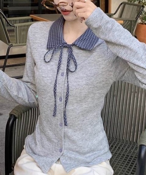Beststore(ベストストア)の「チェックカラー襟付きリブニットカーディガン ボウタイ リボン(Tシャツ/カットソー・レディース・ダークグレー/ライトグレー・FREE)」の9枚目の写真