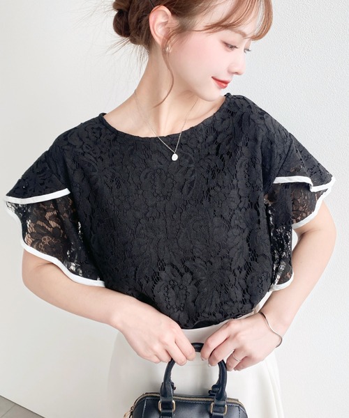 moment+(モーメントプラス)の「コード刺繍レース配色フリルトップス(シャツ/ブラウス・レディース・オフホワイト/サックスブルー/ブラック・M)」の16枚目の写真