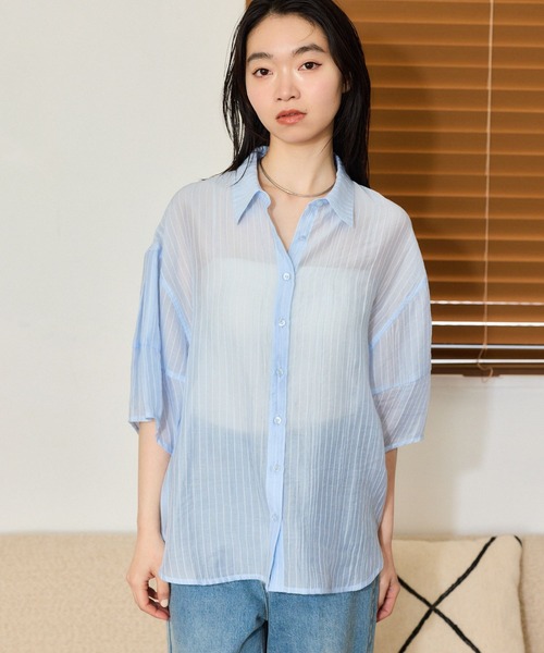 mysty woman（ミスティウーマン）の「コクーンシアーシャツSS　666023（シャツ/ブラウス・レディース・モカ/ブルー系その他/アイボリー/ブラック・FREE）」の8枚目の写真